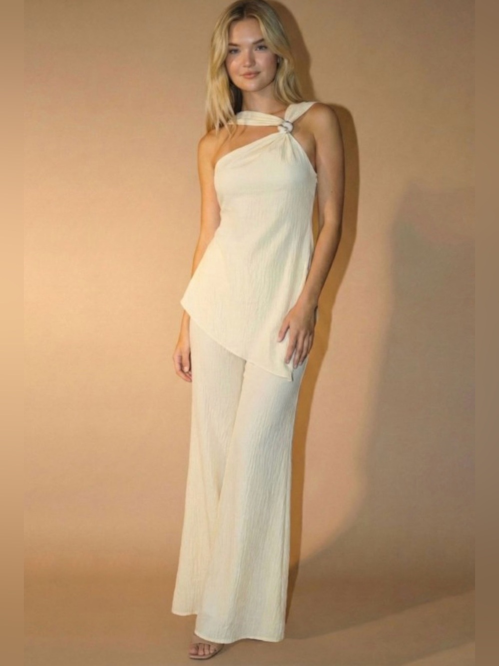 Cream One-Shoulder Pants Set with Knot Detail NWOT